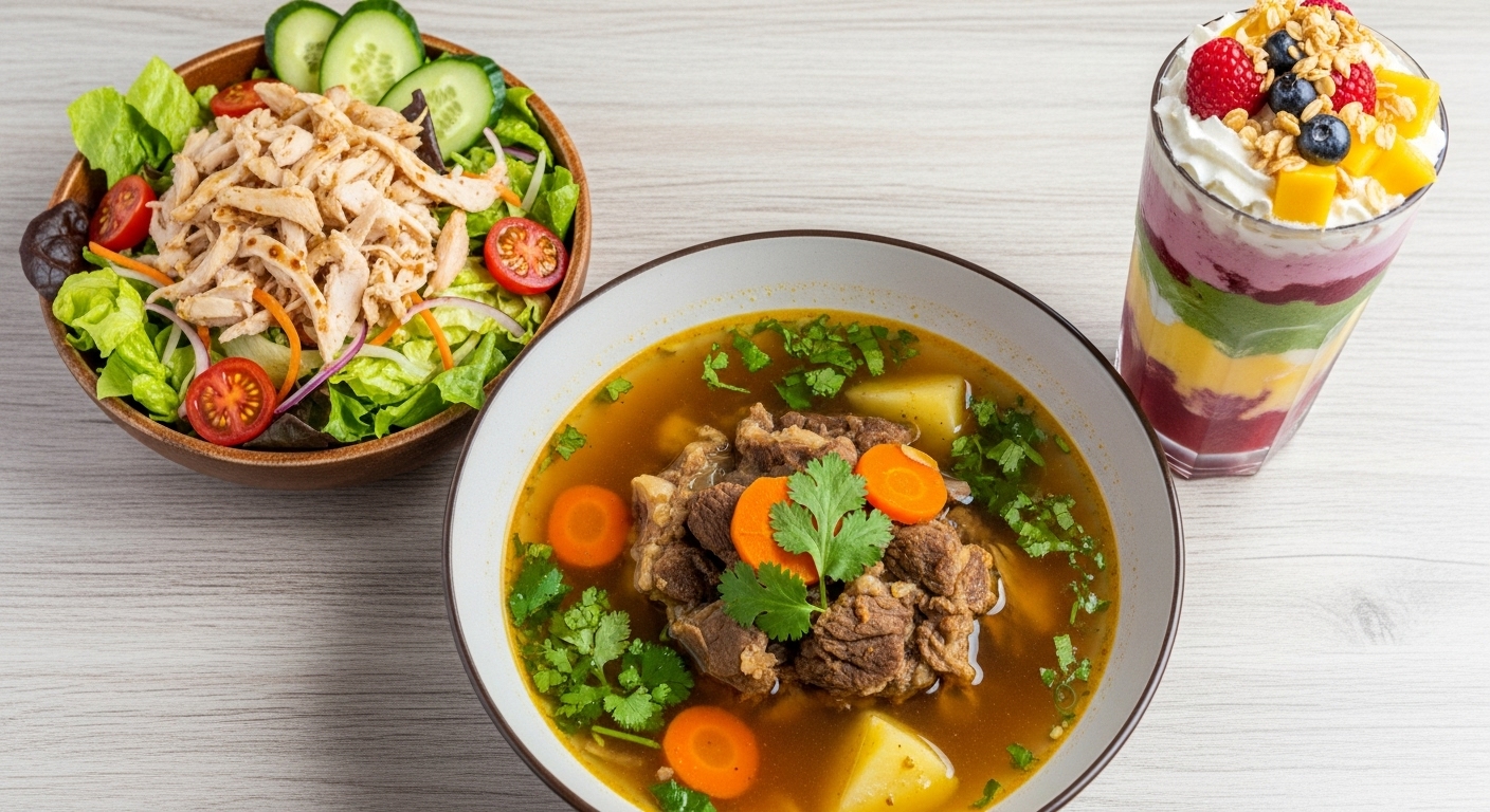 Smoothie, grilled chicken salad, and mutton soup with veggies